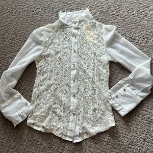 XS Cream ruffled blouse  ladies lace gold buttons mock neck
